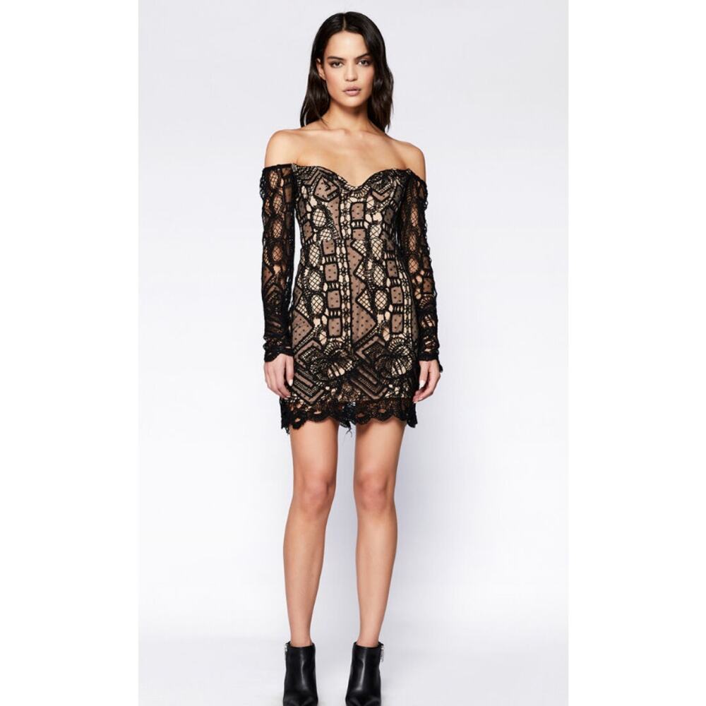 BARDOT Women's Zendaya Mini Lace Dress Large Black Nude Off Shoulder NWT - Picture 2 of 13